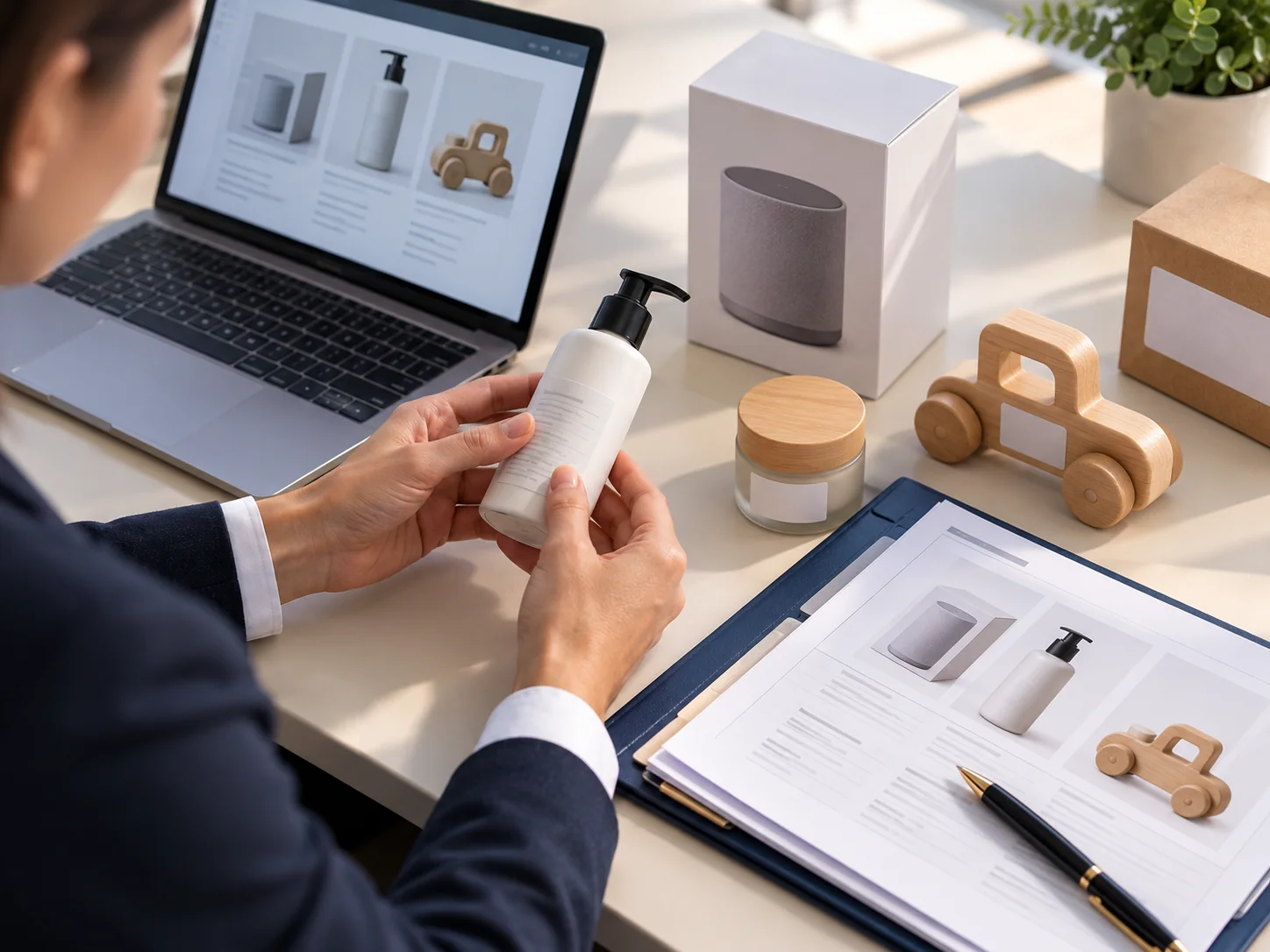 A compliance reviewer examines a cosmetics bottle beside product records and consumer goods